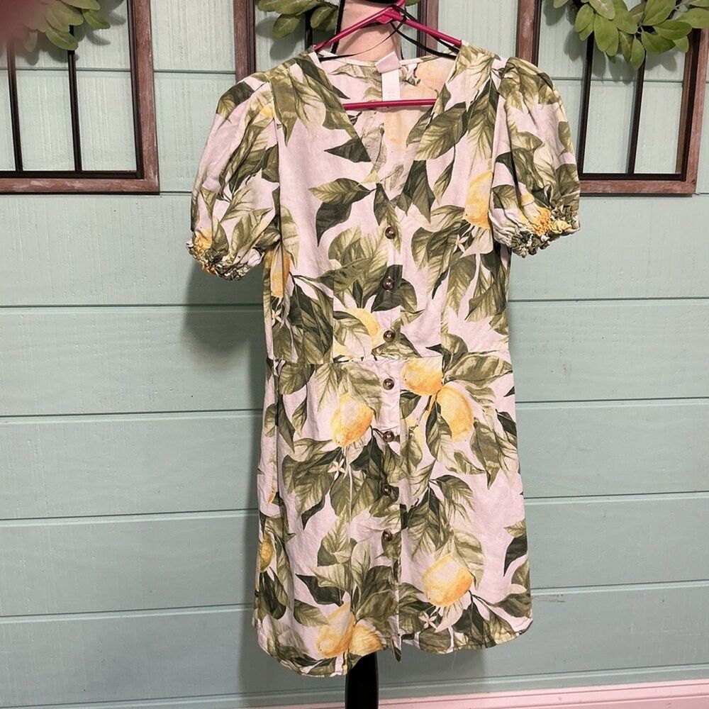 H&M Linen Blend Lemon Print Dress | XS (Est.)